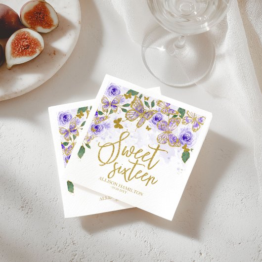 スウィート16パーティーナプキンズパープルバタフライフローラ スタンダードカクテルナプキン