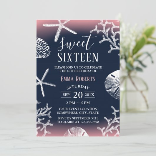 スウィート16パーティービーチコーラルリーフスターフィッシュネイビーブルー 招待状 (スタンド正面)