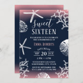 スウィート16パーティービーチコーラルリーフスターフィッシュネイビーブルー 招待状 (正面/裏面)