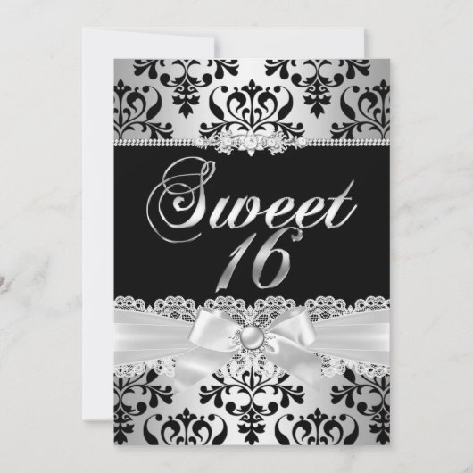 スウィート16パーティーブラックシルバーダマスクパールボウ 招待状 (正面)
