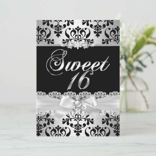 スウィート16パーティーブラックシルバーダマスクパールボウ 招待状 (スタンド正面)