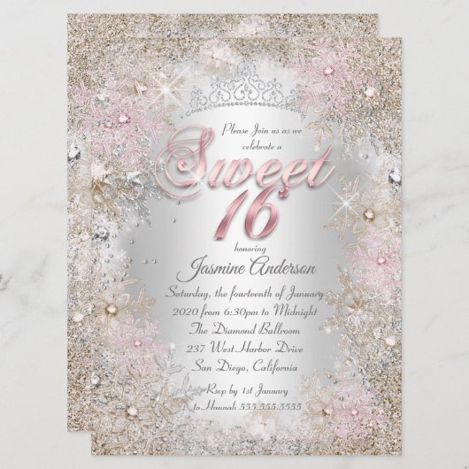 スウィート16パーティーベージュピンクシルバーウィンターワンダーランド 招待状 (正面/裏面)