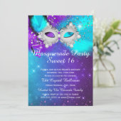 スウィート16パーティーマスクティール(緑がかった色)パープルシルバーマスカレード 招待状 (スタンド正面)
