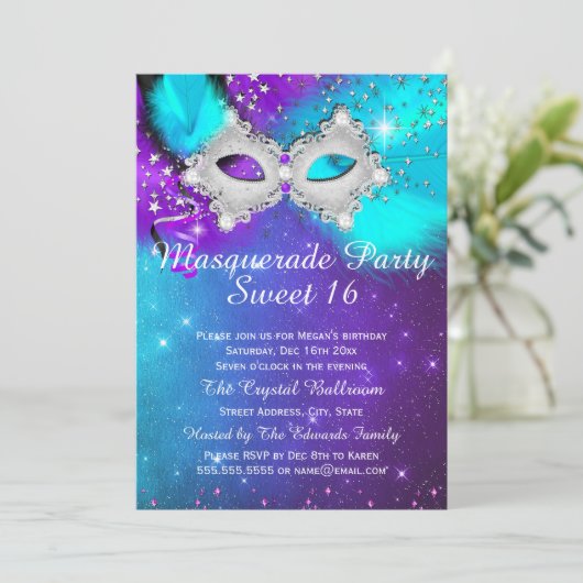 スウィート16パーティーマスクティール（緑がかった色）パープルシルバーマスカレード 招待状 (スタンド正面)