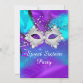 スウィート16パーティーマスクティール(緑がかった色)パープルシルバーマスカレード 招待状 (裏面)