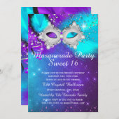 スウィート16パーティーマスクティール（緑がかった色）パープルシルバーマスカレード 招待状 (正面/裏面)