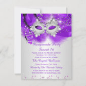 スウィート16パーティーマスク パープル シルバー マスカレード 招待状 (正面)