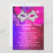 スウィート16パーティーマスク ピンク パープル シルバー マスカレード 招待状 (正面)