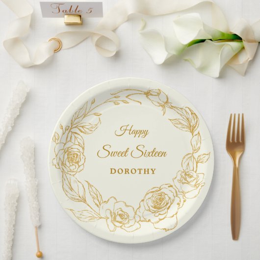 スウィート16パーティールクセ金ゴールドバラフローラアイボリー ペーパープレート (ウェディング)