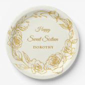 スウィート16パーティールクセ金ゴールドバラフローラアイボリー ペーパープレート (正面)