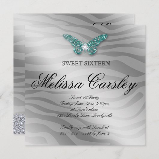 スウィート16パーティー招待状ジュエリーバタフライゼブラティール(緑がかった色) 招待状 (正面/裏面)