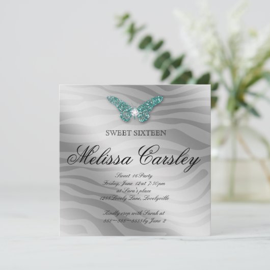 スウィート16パーティー招待状ジュエリーバタフライゼブラティール(緑がかった色) 招待状 (スタンド正面)