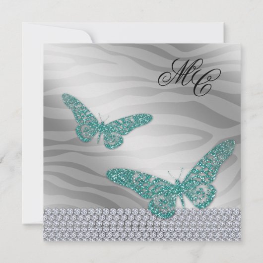 スウィート16パーティー招待状ジュエリーバタフライゼブラティール(緑がかった色) 招待状 (裏面)