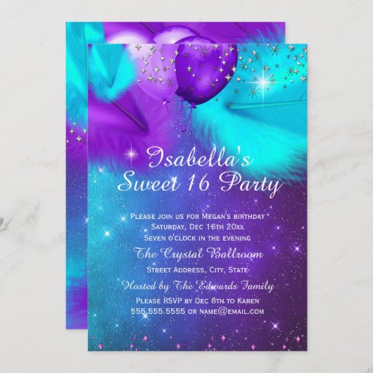 スウィート16パーティー ティールパープル シルバーバルーン 招待状 (正面/裏面)