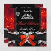 スウィート16パーティーSweet sixteenグリッターレッドボウ 招待状 (正面/裏面)