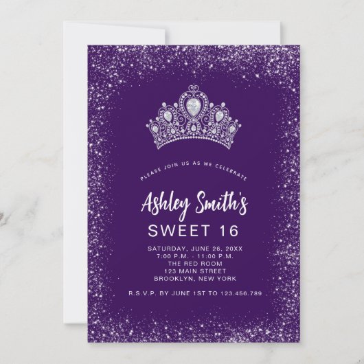 スウィート16パープルシルバーグリッターダイヤモンドティアラ 招待状 (正面)