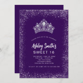 スウィート16パープルシルバーグリッターダイヤモンドティアラ 招待状 (正面/裏面)