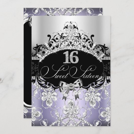 スウィート16パープルスパークルティアラ誕生日招待状 招待状 (正面/裏面)