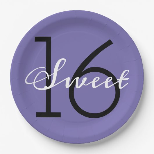 スウィート16パープルタイポグラフィ誕生日 ペーパープレート (正面)