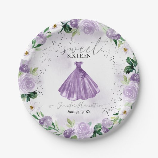 スウィート16パープルフローラドレス紙プレート ペーパープレート (正面)