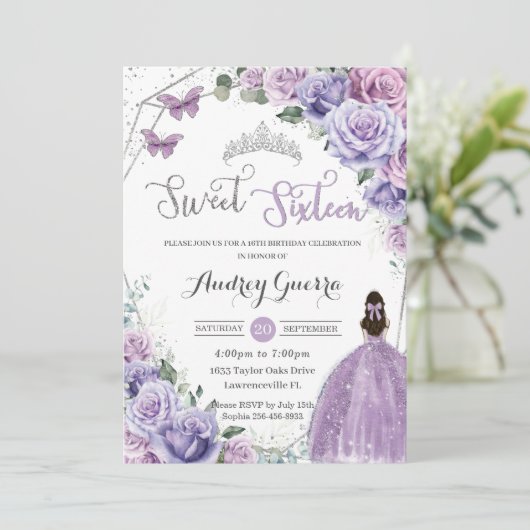 スウィート16パープルフローラプリンセスシルバー誕生日 招待状 (スタンド正面)