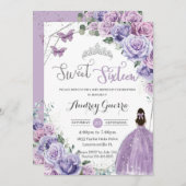 スウィート16パープルフローラプリンセスシルバー誕生日 招待状 (正面/裏面)