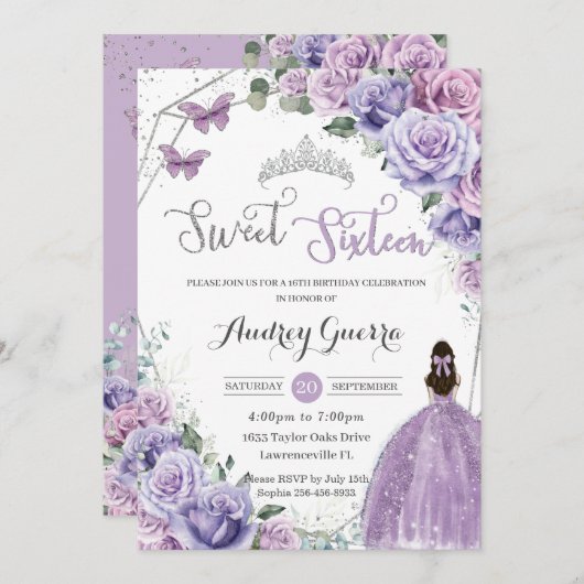 スウィート16パープルフローラプリンセスシルバー誕生日 招待状 (正面/裏面)