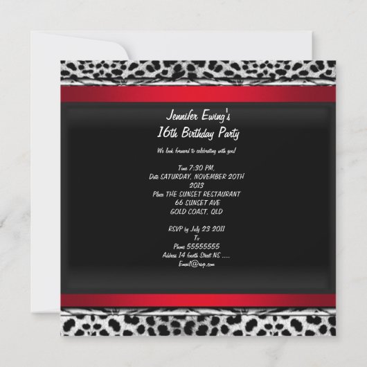 スウィート16ヒョウ赤いブラックダイヤモンド 招待状 (裏面)