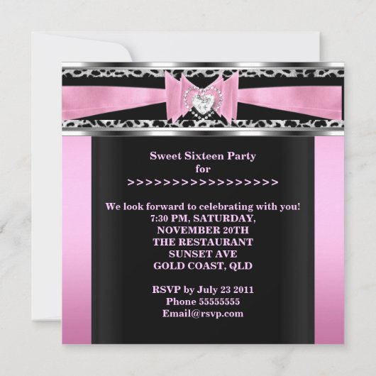 スウィート16ヒョウ黒ピンクジュエルイメージ 招待状 (裏面)
