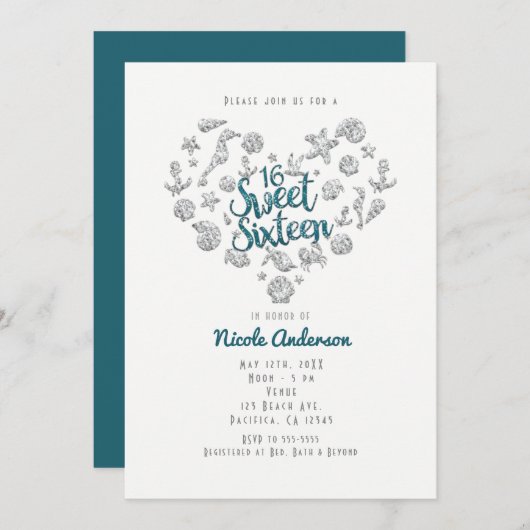 スウィート16ビーチグラムダイヤモンドハート招待状 招待状 (正面/裏面)