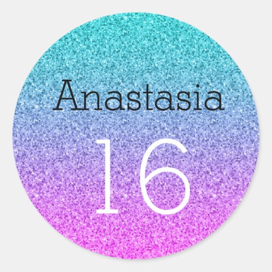 スウィート16ピッグラデーションクブルーパープルグリッター ラウンドシール (正面)