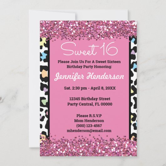 スウィート16ピンクグリッターカラフルヒョウ印刷ワイルド 招待状 (正面)