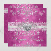 スウィート16ピンクグリッターティアラレースハート 招待状 (正面/裏面)