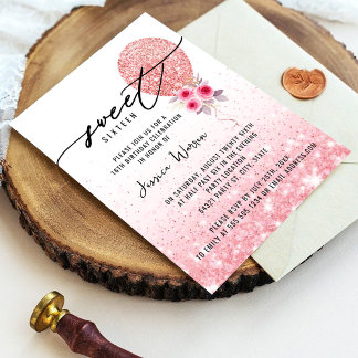 スウィート16ピンクグリッター誕生日招待状 招待状