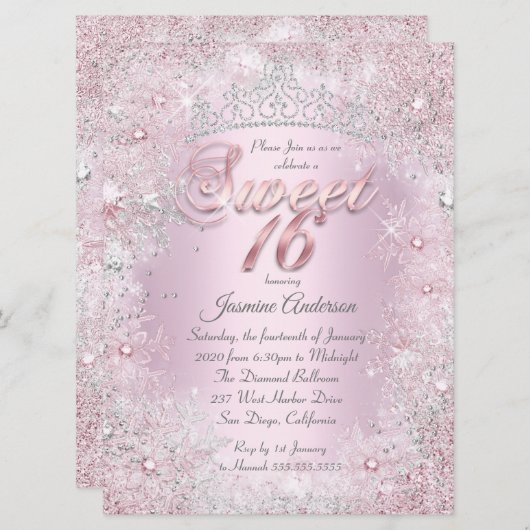 スウィート16ピンクシルバーウィンターワンダーランドティアラ 招待状 (正面/裏面)