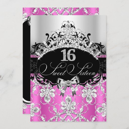 スウィート16ピンクシルバースパークルティアラ誕生日招待状 招待状 (正面/裏面)