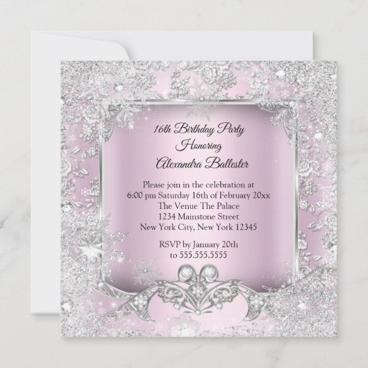 スウィート16ピンクシルバーティアラ冬ワンダーランドパーティー 招待状 (裏面)