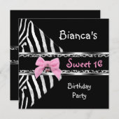 スウィート16ピンクシルバーブラックゼブラヒョウ誕生日 招待状 (正面/裏面)