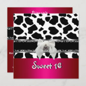 スウィート16ピンクシルバー白黒カウヒョウ 招待状 (正面/裏面)