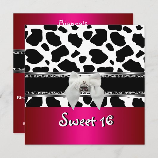 スウィート16ピンクシルバー白黒カウヒョウ 招待状 (正面/裏面)