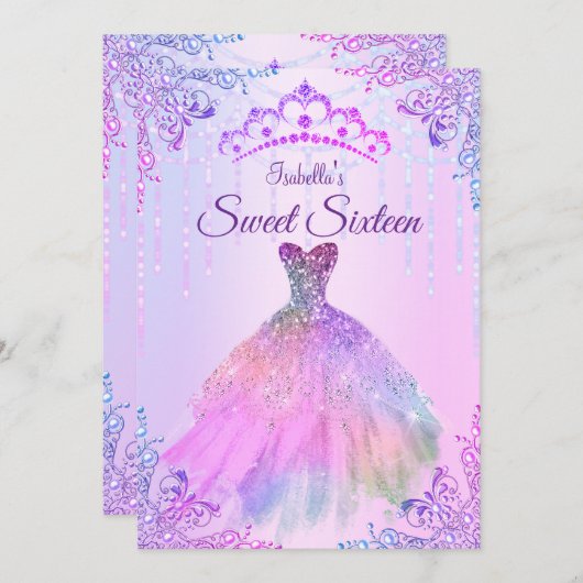 スウィート16ピンクパープル薄紫シルバーパールガウン 招待状 (正面/裏面)