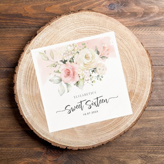 スウィート16ピンクフローラバースデーパーティー紙 スタンダードカクテルナプキン