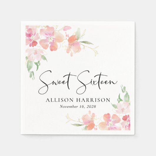スウィート16ピンクフローラ誕生日パーティー スタンダードカクテルナプキン (正面)