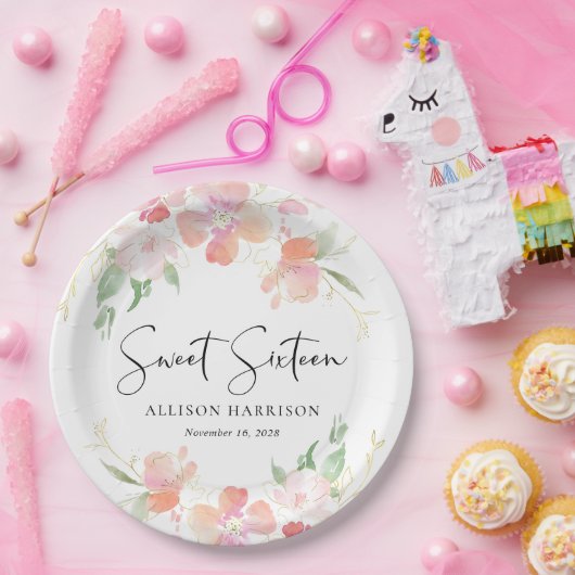 スウィート16ピンクフローラ誕生日パーティー ペーパープレート (パーティー)