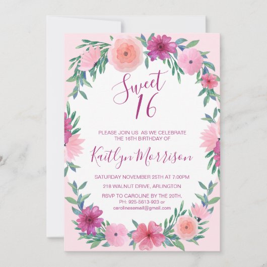 スウィート16ピンクフローラ誕生日招待状 招待状 (正面)