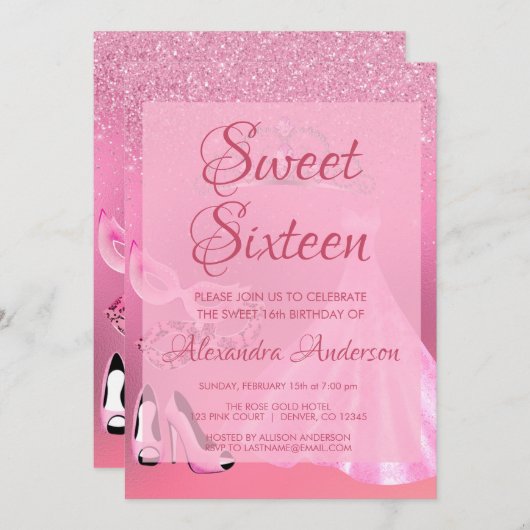 スウィート16ピンクマスカレード誕生日パーティー 招待状 (正面/裏面)
