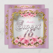 スウィート16ピンクローズホワイト金ゴールド誕生日パーティー 招待状 (正面/裏面)
