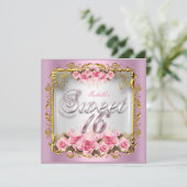 スウィート16ピンクローズホワイト金ゴールド誕生日パーティー 招待状 (スタンド正面)