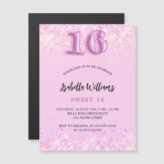 スウィート16ピンク紙吹雪ガールラグジュアリーパーティー マグネット招待状 (正面/裏面)