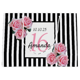 スウィート16ピンク花模様白黒ストライプ ラージペーパーバッグ